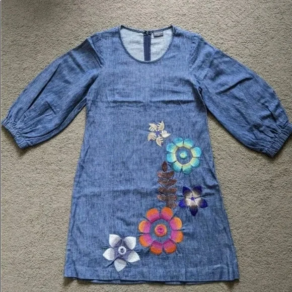 Gorman Floral Embroidery Blue Denim Linen Dress - XS - Picture 3 of 4